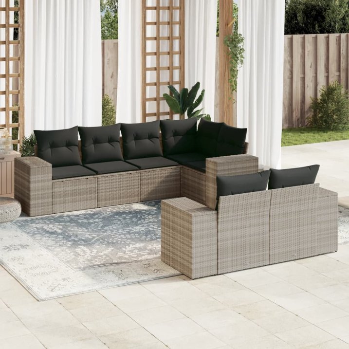 7-tlg. Garten-Sofagarnitur mit Kissen Schwarz Poly Rattan