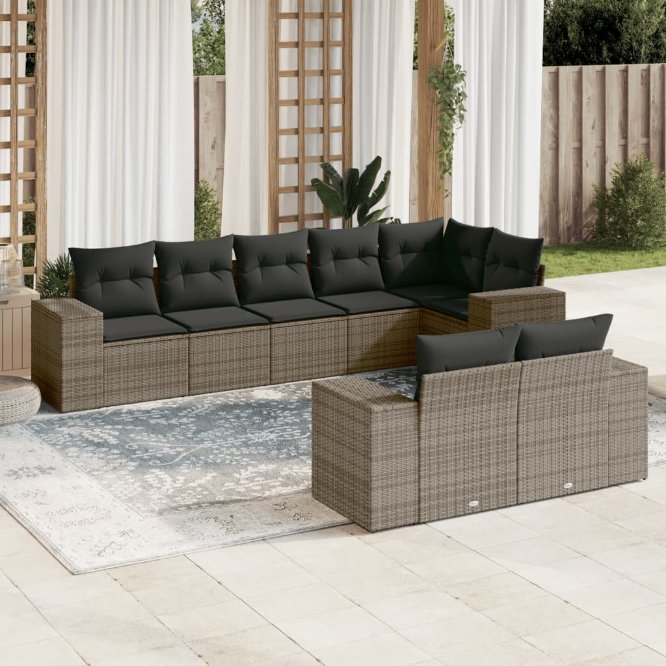 8-tlg. Garten-Sofagarnitur mit Kissen Schwarz Poly Rattan