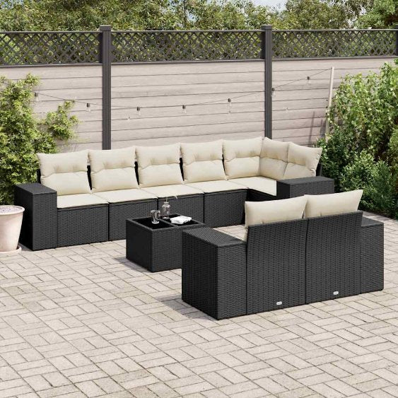 8-tlg. Garten-Sofagarnitur mit Kissen Schwarz Poly Rattan