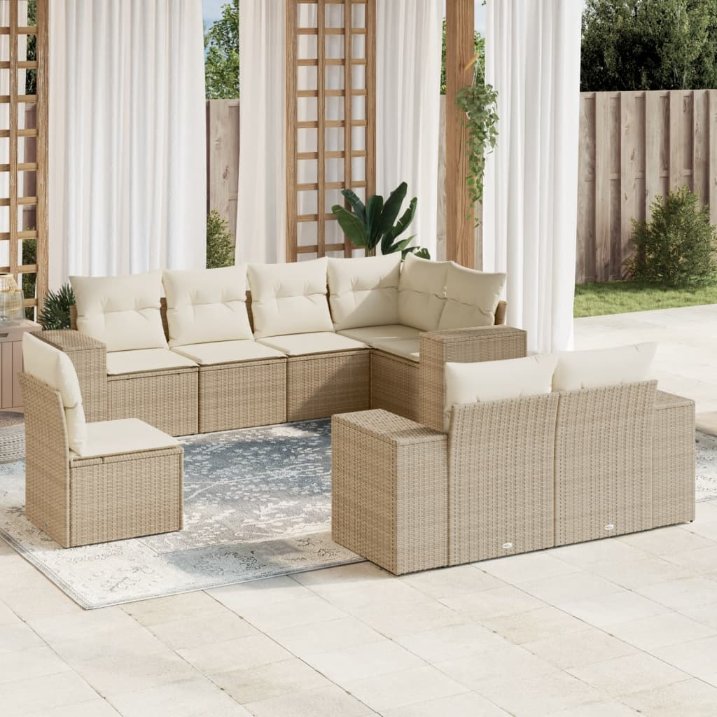 8-tlg. Garten-Sofagarnitur mit Kissen Schwarz Poly Rattan