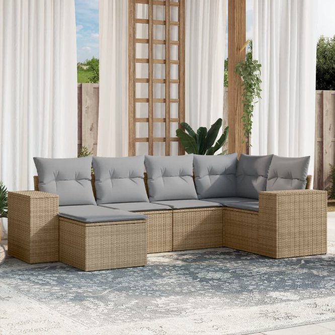 6-tlg. Garten-Sofagarnitur mit Kissen Schwarz Poly Rattan