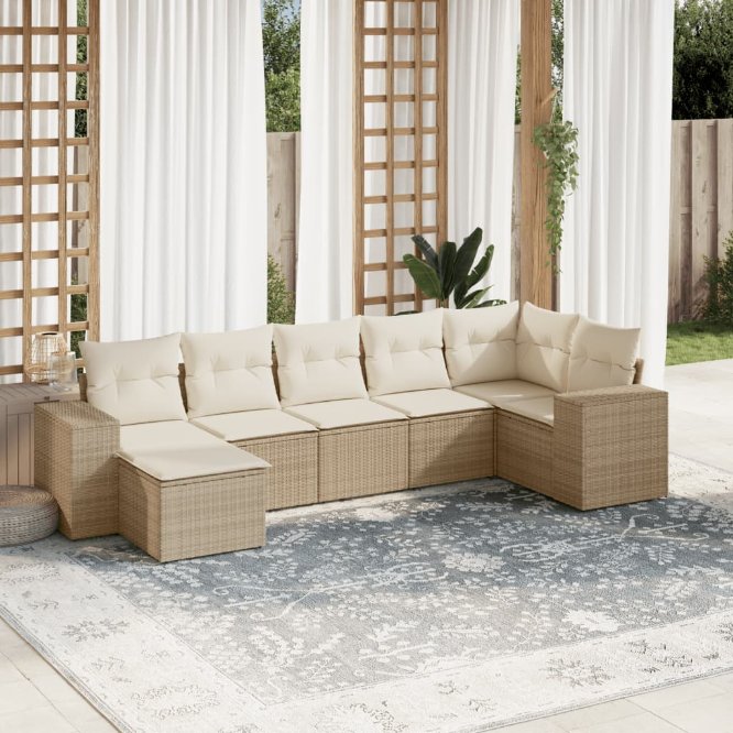 7-tlg. Garten-Sofagarnitur mit Kissen Schwarz Poly Rattan