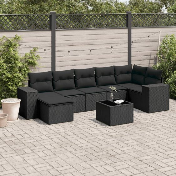 7-tlg. Garten-Sofagarnitur mit Kissen Schwarz Poly Rattan