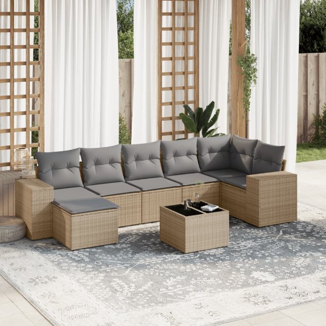 7-tlg. Garten-Sofagarnitur mit Kissen Schwarz Poly Rattan