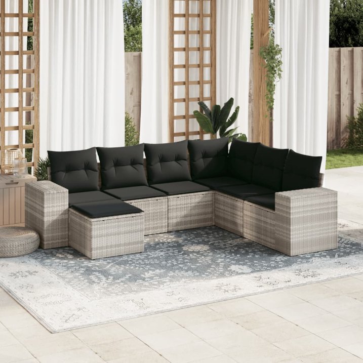7-tlg. Garten-Sofagarnitur mit Kissen Schwarz Poly Rattan