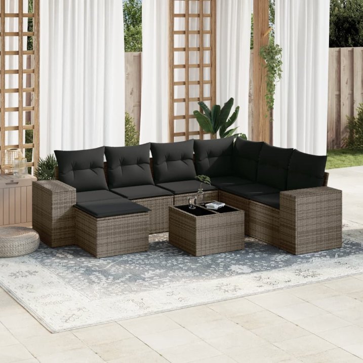 7-tlg. Garten-Sofagarnitur mit Kissen Schwarz Poly Rattan