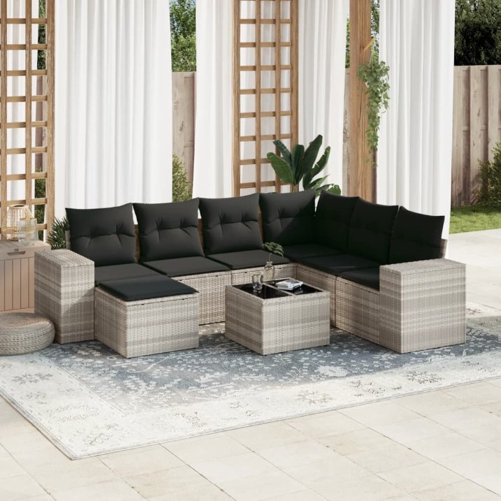 7-tlg. Garten-Sofagarnitur mit Kissen Schwarz Poly Rattan