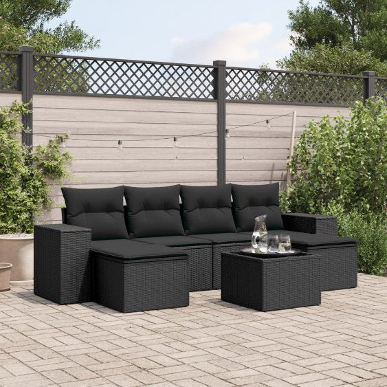 6-tlg. Garten-Sofagarnitur mit Kissen Schwarz Poly Rattan