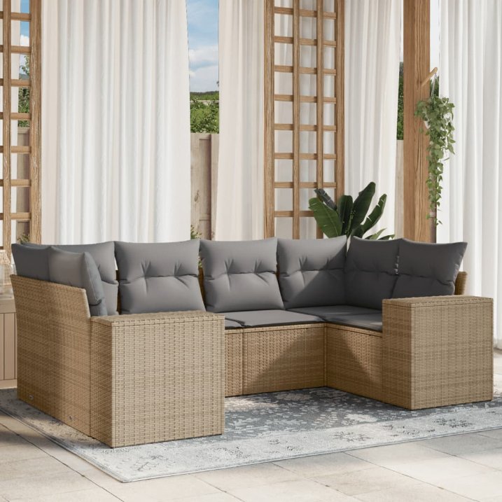 6-tlg. Garten-Sofagarnitur mit Kissen Schwarz Poly Rattan