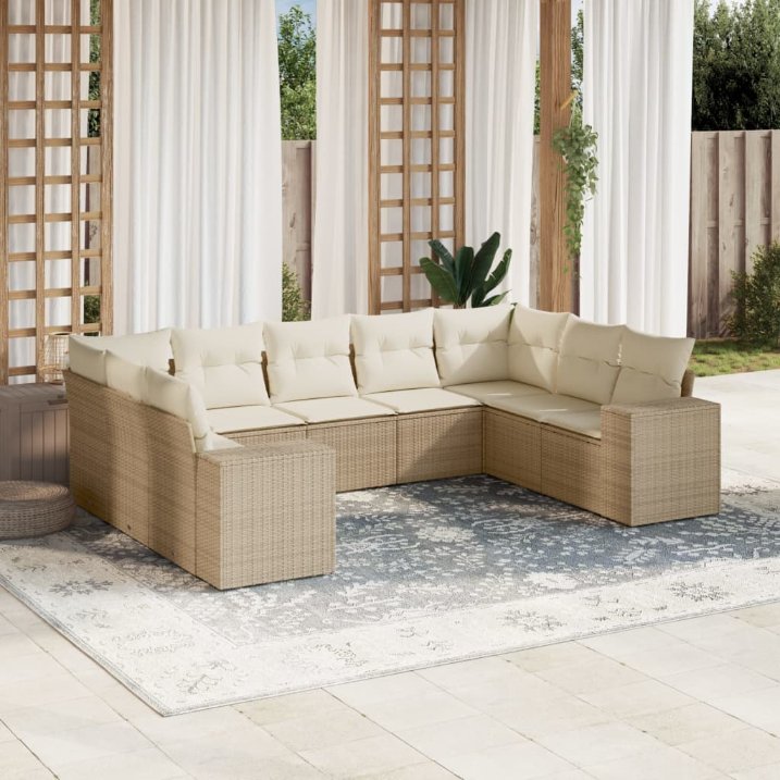 9-tlg. Garten-Sofagarnitur mit Kissen Schwarz Poly Rattan