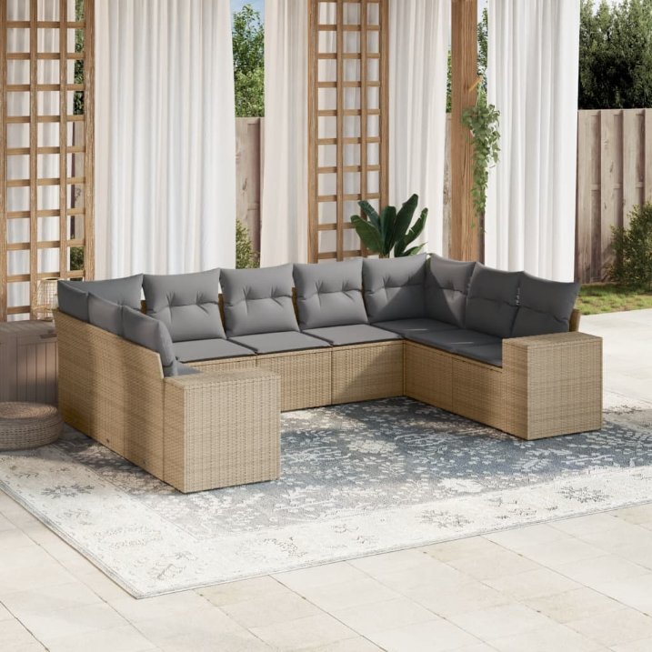 9-tlg. Garten-Sofagarnitur mit Kissen Schwarz Poly Rattan