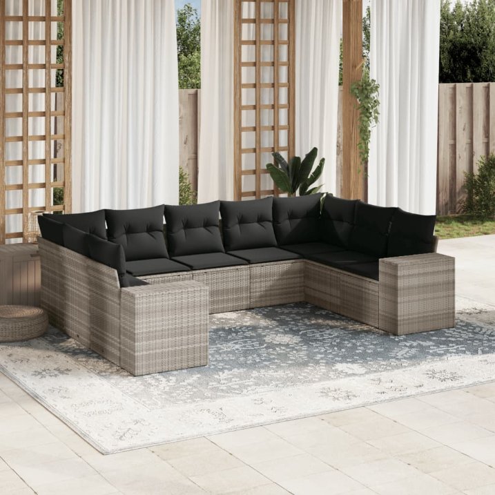 9-tlg. Garten-Sofagarnitur mit Kissen Schwarz Poly Rattan