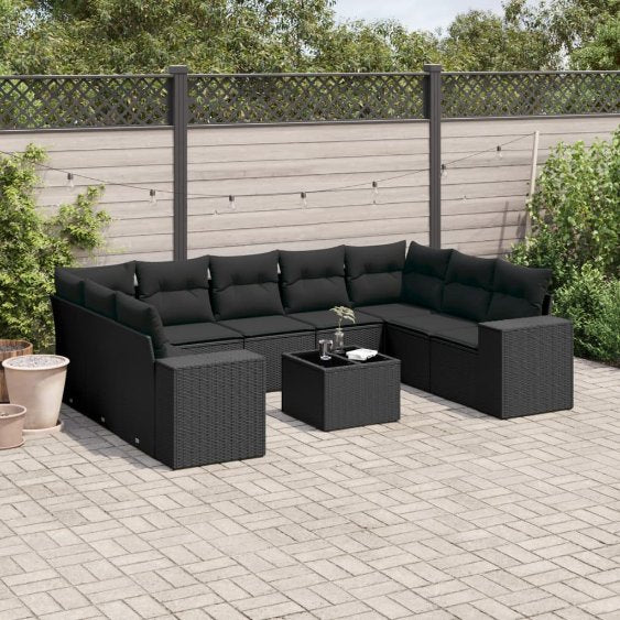 9-tlg. Garten-Sofagarnitur mit Kissen Schwarz Poly Rattan