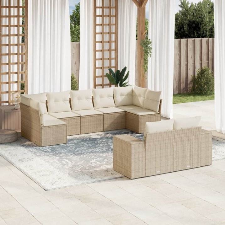 9-tlg. Garten-Sofagarnitur mit Kissen Schwarz Poly Rattan
