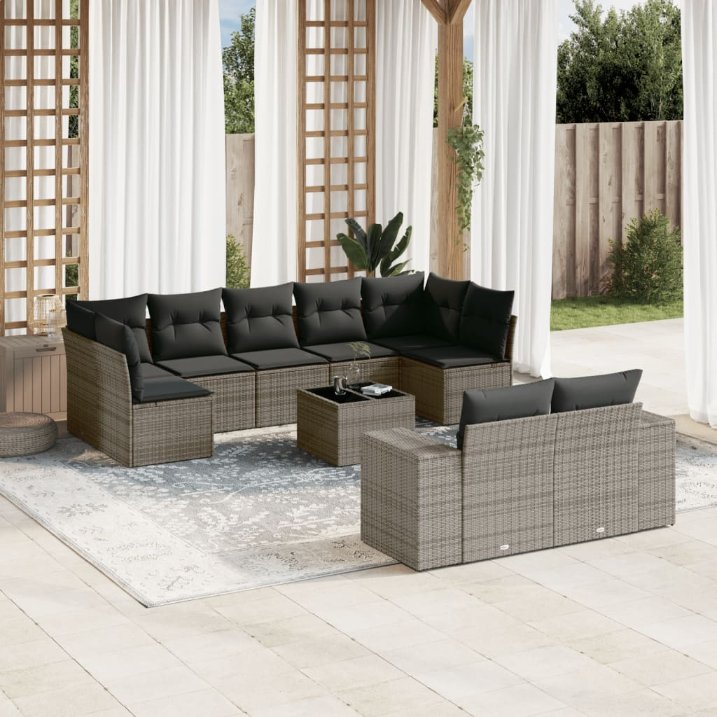 9-tlg. Garten-Sofagarnitur mit Kissen Schwarz Poly Rattan