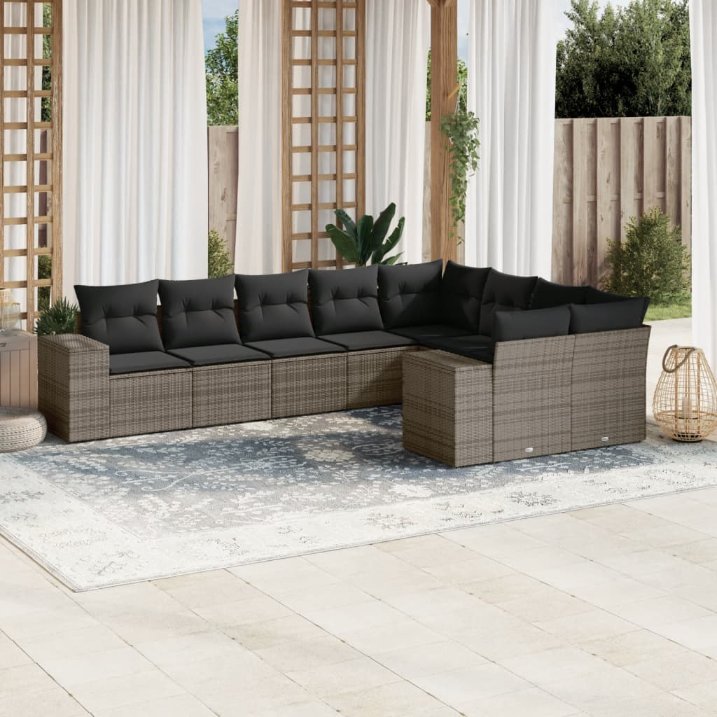 9-tlg. Garten-Sofagarnitur mit Kissen Schwarz Poly Rattan