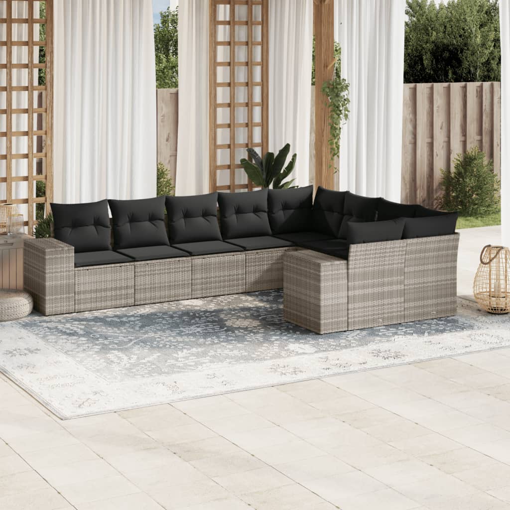 9-tlg. Garten-Sofagarnitur mit Kissen Schwarz Poly Rattan