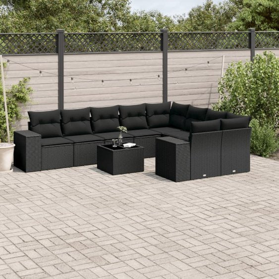 9-tlg. Garten-Sofagarnitur mit Kissen Schwarz Poly Rattan