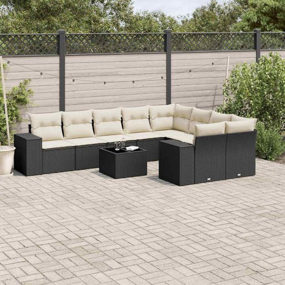 9-tlg. Garten-Sofagarnitur mit Kissen Schwarz Poly Rattan
