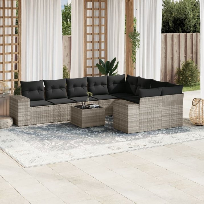 9-tlg. Garten-Sofagarnitur mit Kissen Schwarz Poly Rattan