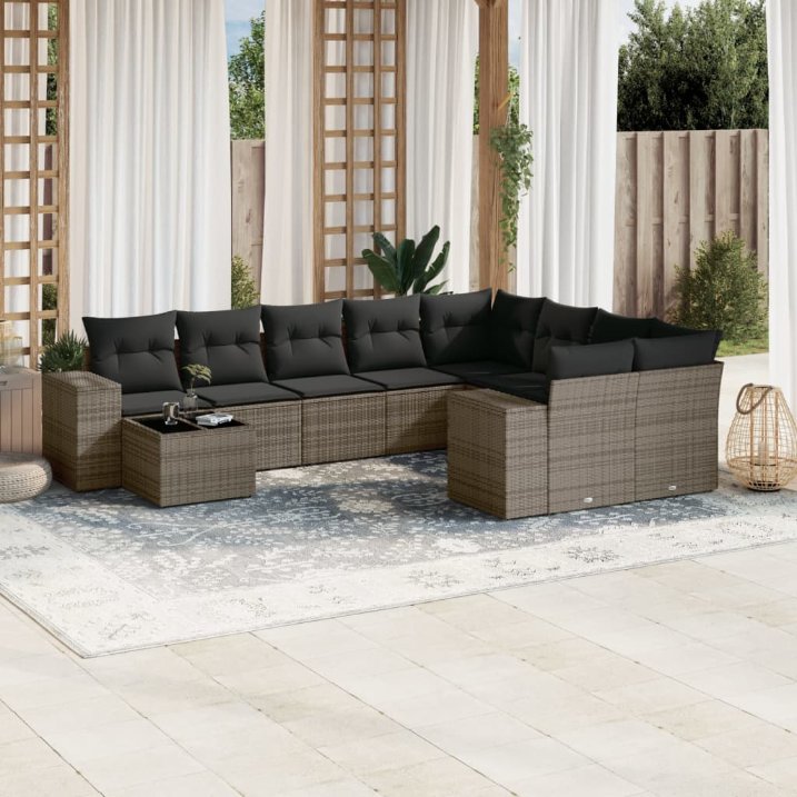 vidaXL 10-tlg. Garten-Sofagarnitur mit Kissen Schwarz Poly Rattan