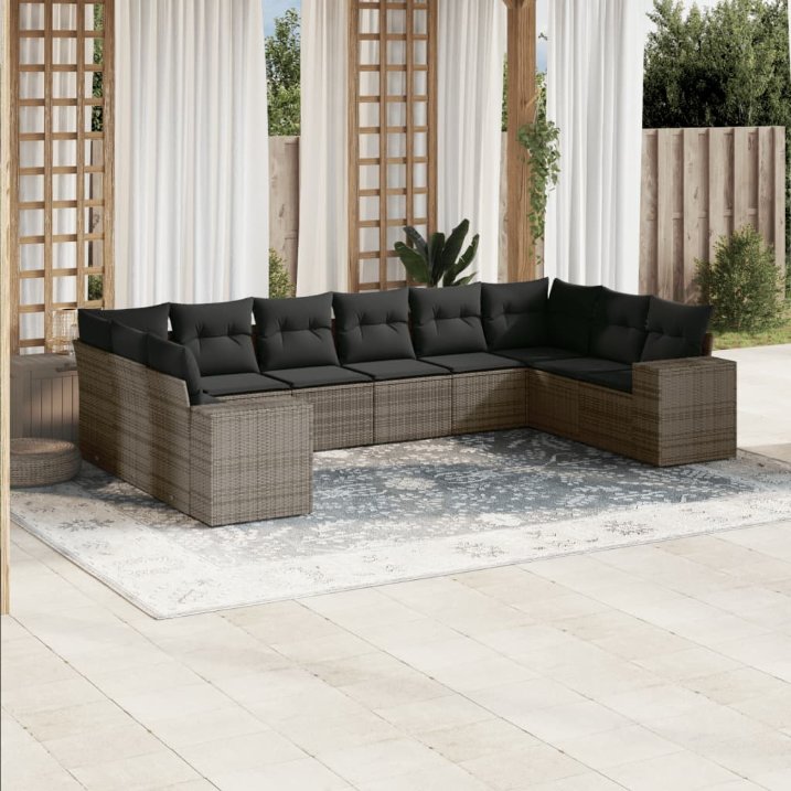 vidaXL 10-tlg. Garten-Sofagarnitur mit Kissen Schwarz Poly Rattan