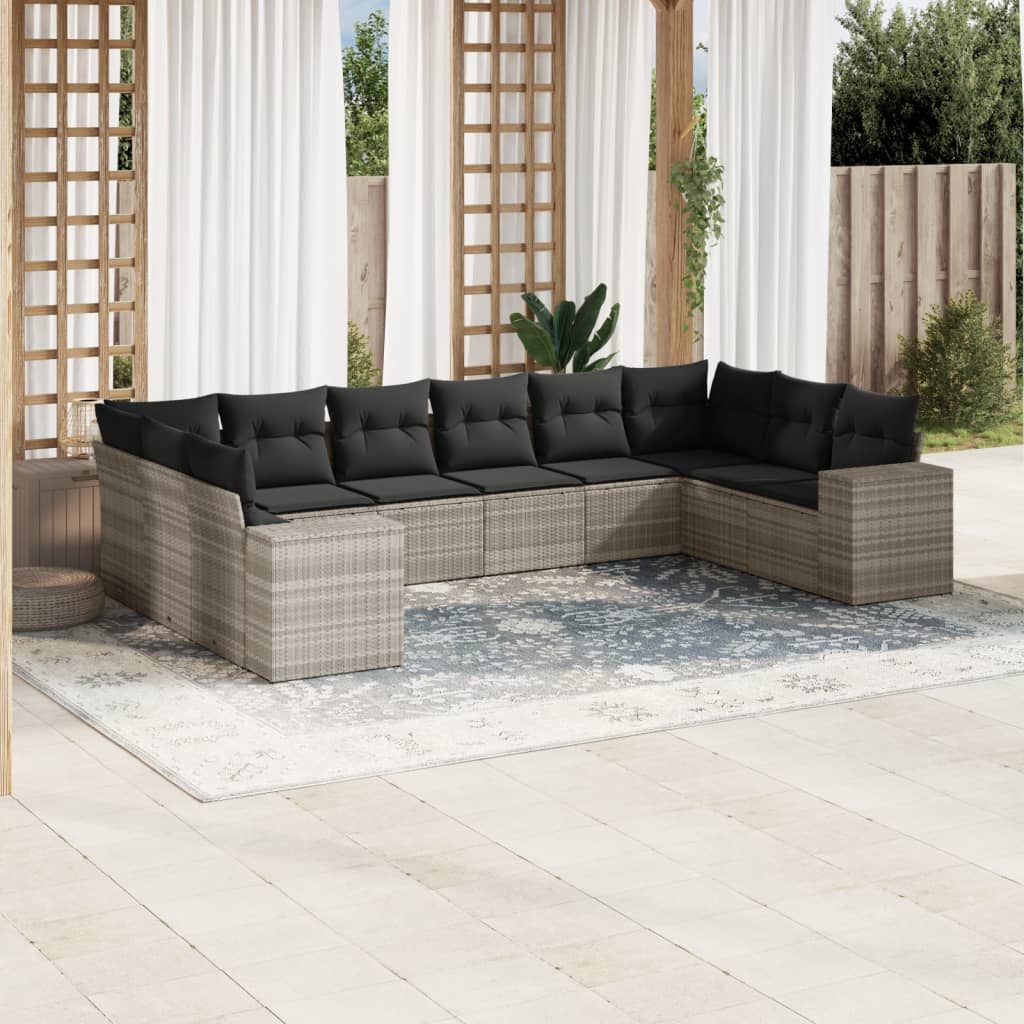 vidaXL 10-tlg. Garten-Sofagarnitur mit Kissen Schwarz Poly Rattan