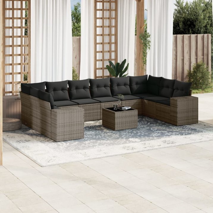 vidaXL 10-tlg. Garten-Sofagarnitur mit Kissen Schwarz Poly Rattan