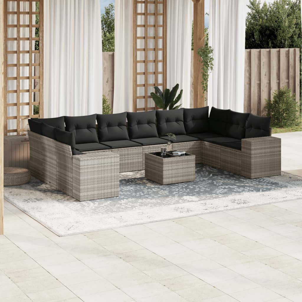vidaXL 10-tlg. Garten-Sofagarnitur mit Kissen Schwarz Poly Rattan