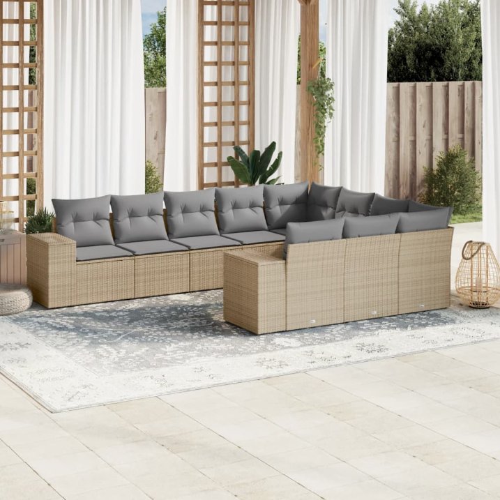 vidaXL 10-tlg. Garten-Sofagarnitur mit Kissen Schwarz Poly Rattan