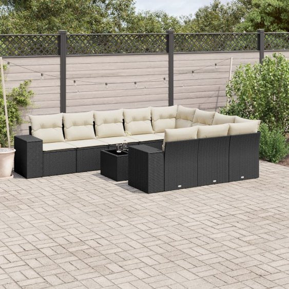 vidaXL 10-tlg. Garten-Sofagarnitur mit Kissen Schwarz Poly Rattan