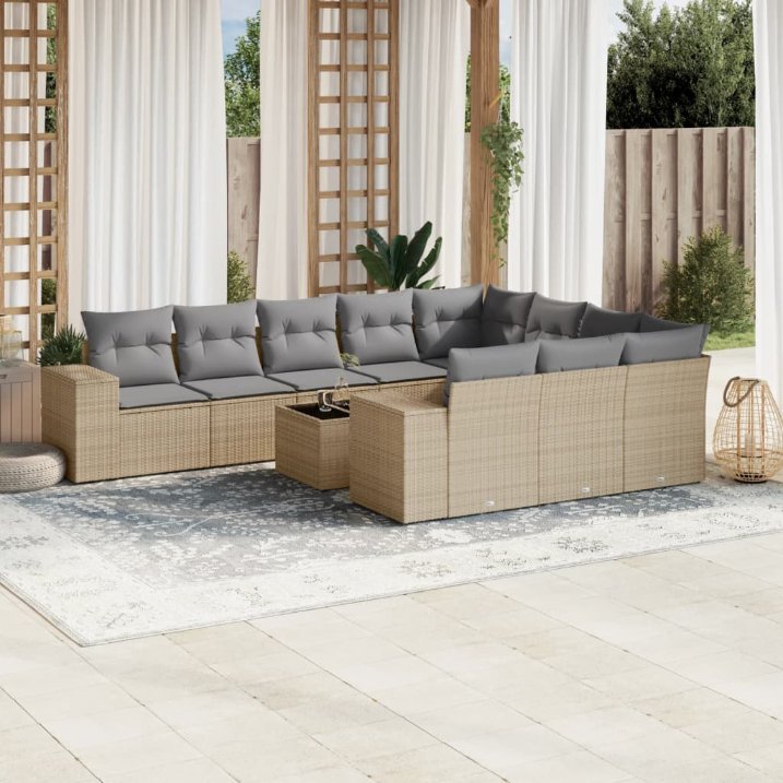 vidaXL 10-tlg. Garten-Sofagarnitur mit Kissen Schwarz Poly Rattan