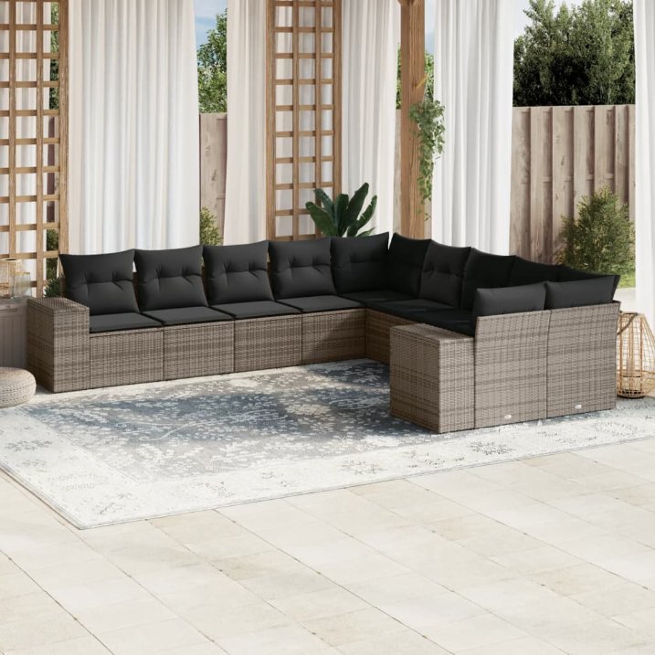 vidaXL 10-tlg. Garten-Sofagarnitur mit Kissen Schwarz Poly Rattan