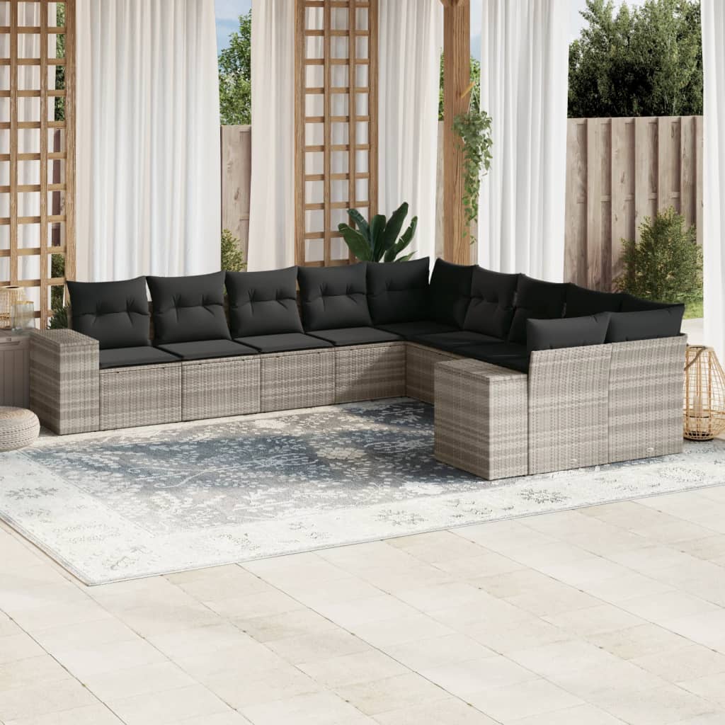 vidaXL 10-tlg. Garten-Sofagarnitur mit Kissen Schwarz Poly Rattan