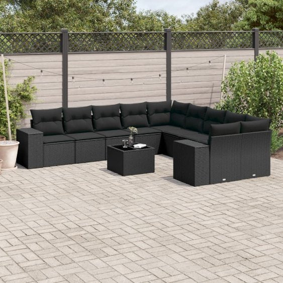 vidaXL 10-tlg. Garten-Sofagarnitur mit Kissen Schwarz Poly Rattan