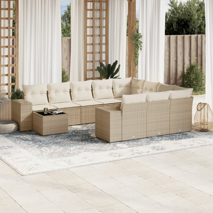 11-tlg. Garten-Sofagarnitur mit Kissen Schwarz Poly Rattan