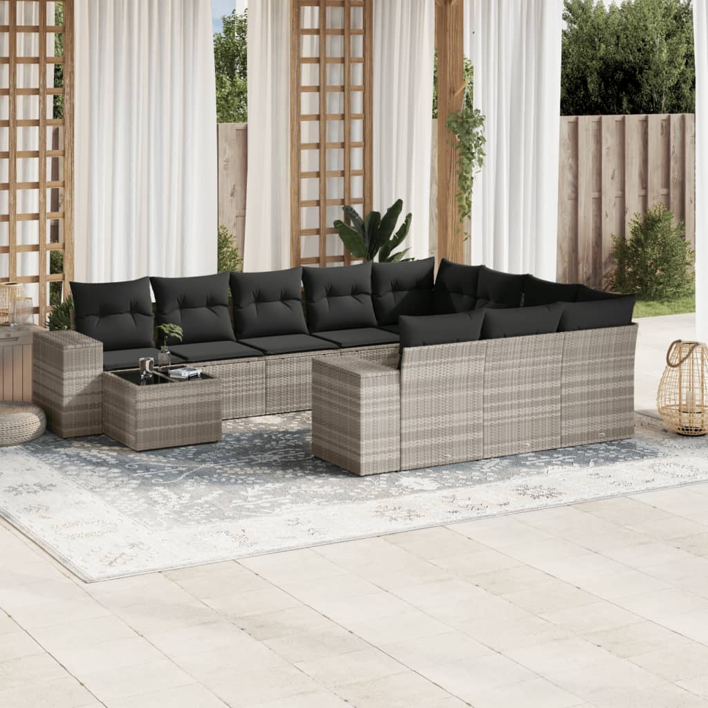 11-tlg. Garten-Sofagarnitur mit Kissen Schwarz Poly Rattan