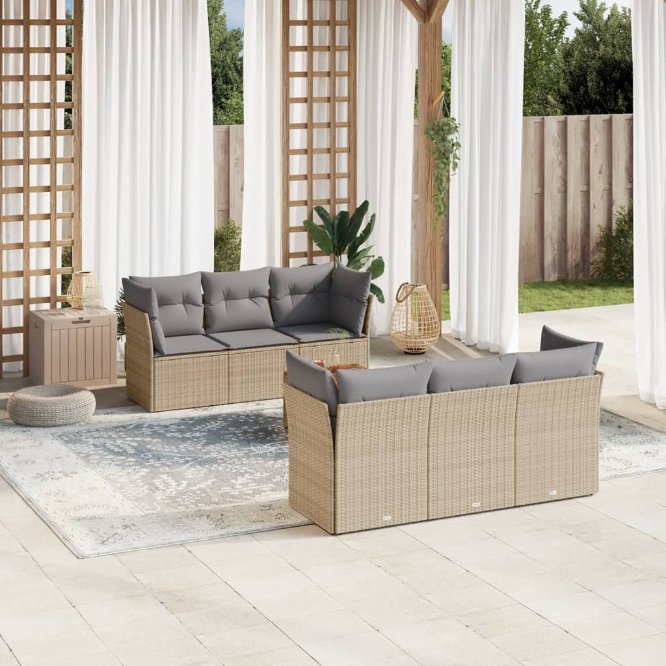 7-tlg. Garten-Sofagarnitur mit Kissen Schwarz Poly Rattan