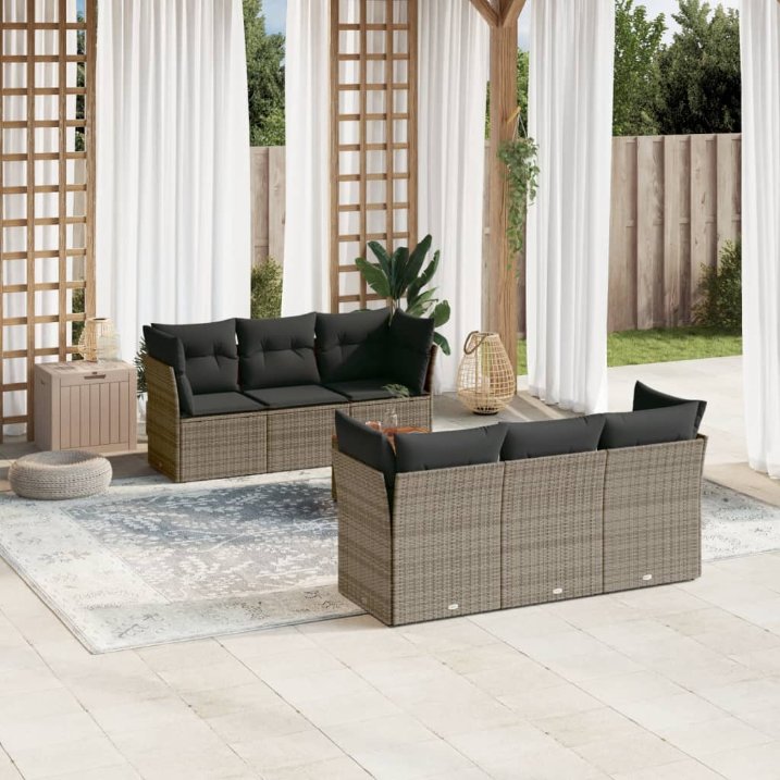 7-tlg. Garten-Sofagarnitur mit Kissen Schwarz Poly Rattan