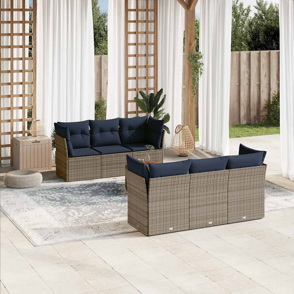 7-tlg. Garten-Sofagarnitur mit Kissen Schwarz Poly Rattan
