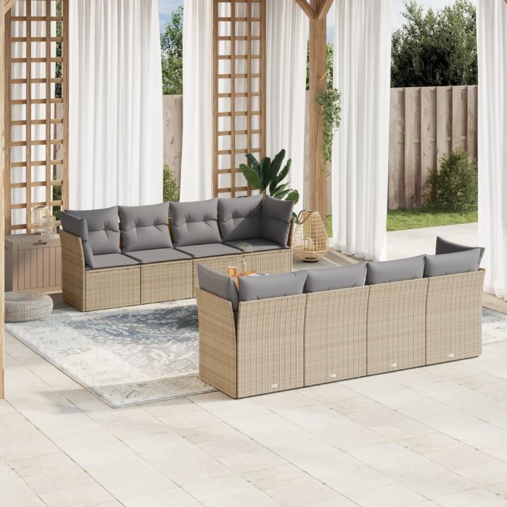 9-tlg. Garten-Sofagarnitur mit Kissen Schwarz Poly Rattan