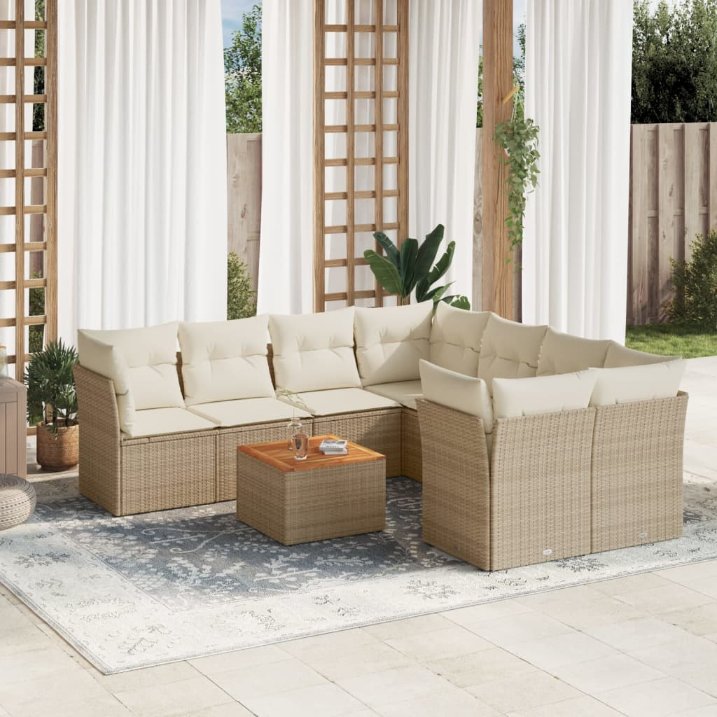 9-tlg. Garten-Sofagarnitur mit Kissen Schwarz Poly Rattan
