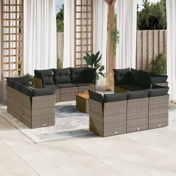 13-tlg. Garten-Sofagarnitur mit Kissen Schwarz Poly Rattan