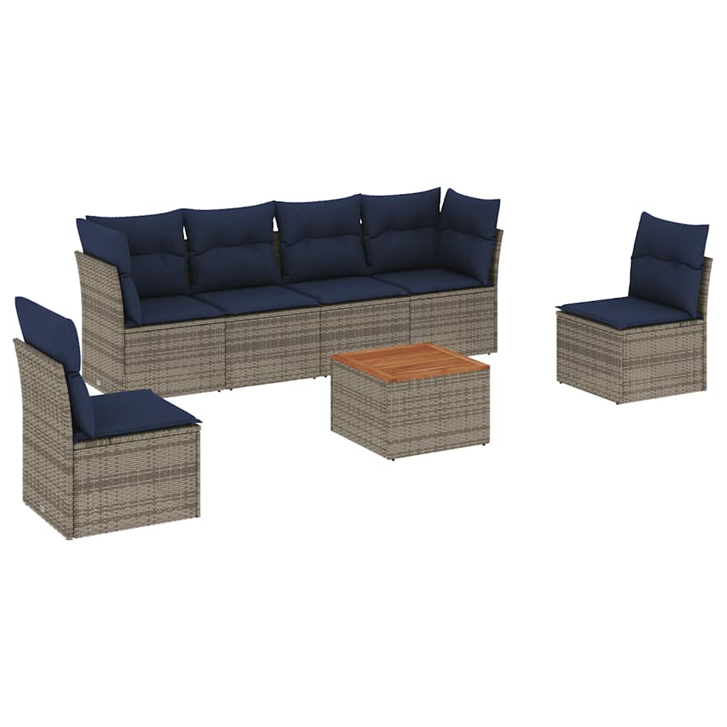7-tlg. Garten-Sofagarnitur mit Kissen Grau Poly Rattan
