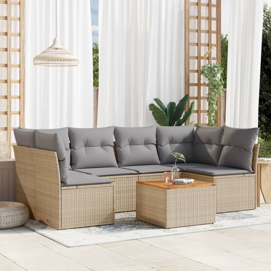 7-tlg. Garten-Sofagarnitur mit Kissen Schwarz Poly Rattan