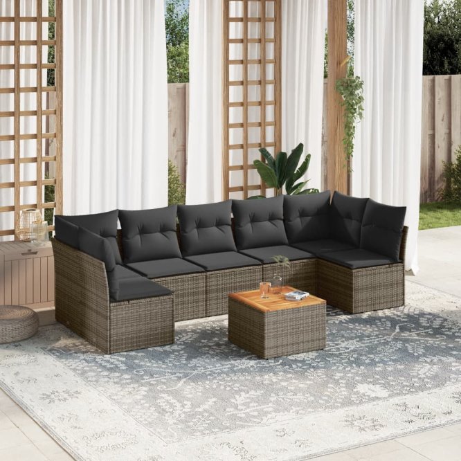 8-tlg. Garten-Sofagarnitur mit Kissen Schwarz Poly Rattan