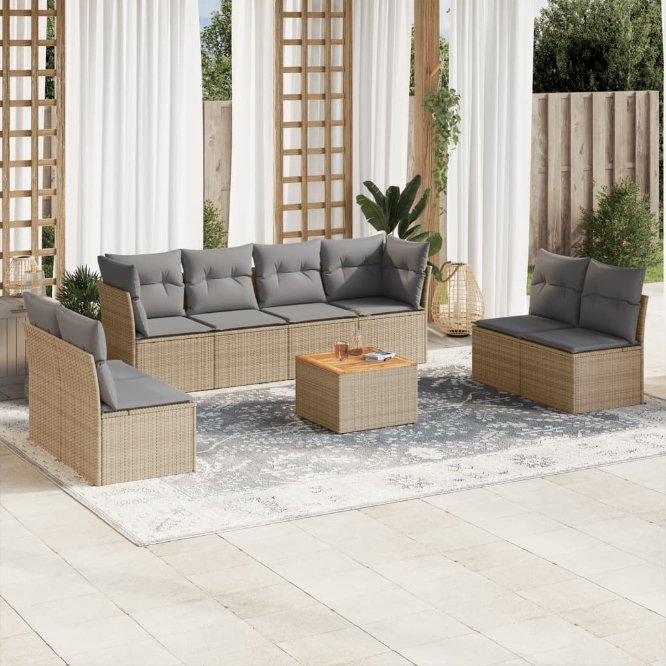 9-tlg. Garten-Sofagarnitur mit Kissen Schwarz Poly Rattan