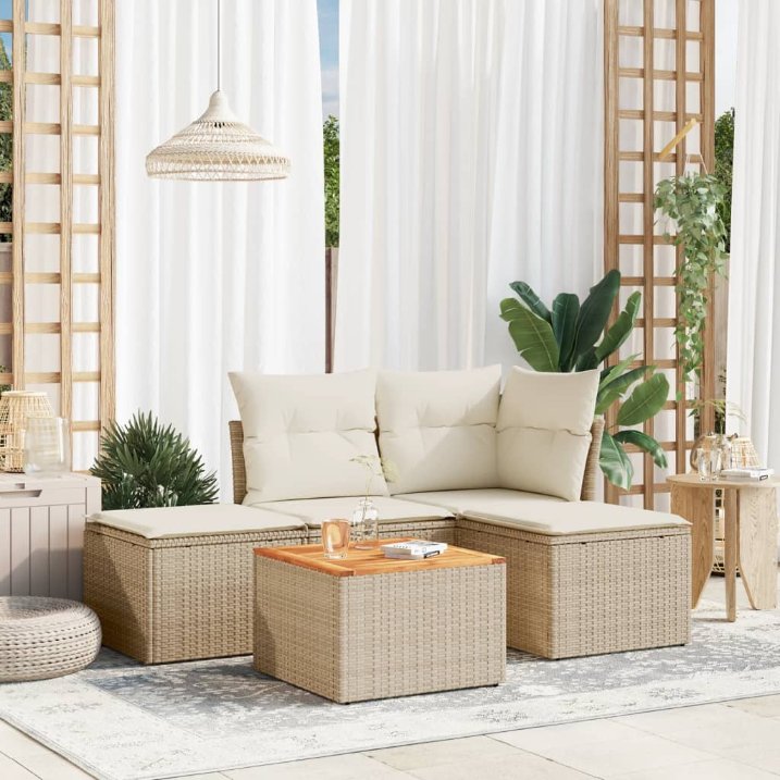 5-tlg. Garten-Sofagarnitur mit Kissen Schwarz Poly Rattan