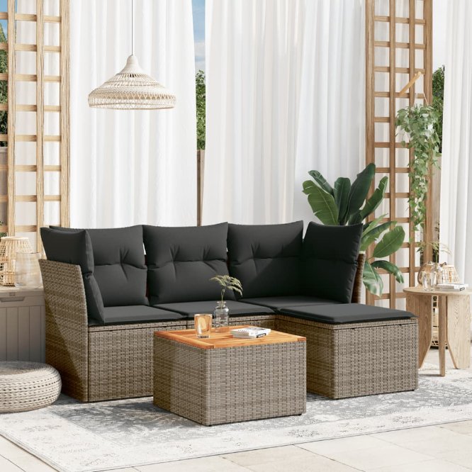 5-tlg. Garten-Sofagarnitur mit Kissen Schwarz Poly Rattan