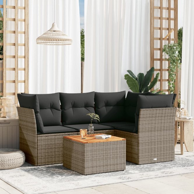 5-tlg. Garten-Sofagarnitur mit Kissen Schwarz Poly Rattan